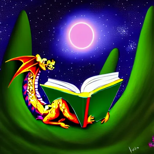 Image similar to dragon reading a book underneath the stars, digital art