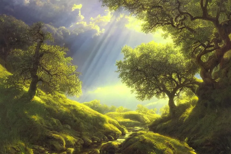 Image similar to masterpiece painting of oak trees on a hillside overlooking a creek, dramatic lighting with god rays, by marc davis