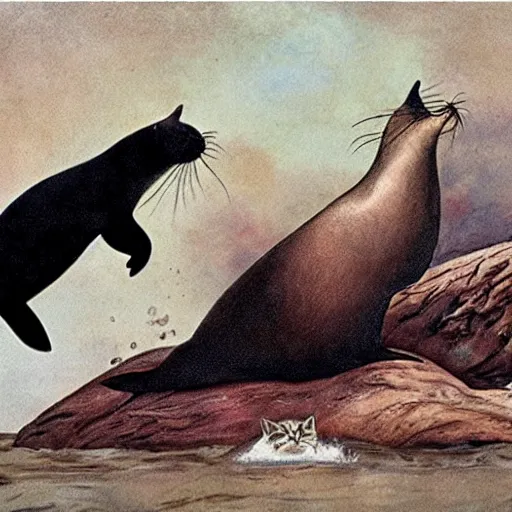 Prompt: a poster of a cat hitting a sea lion