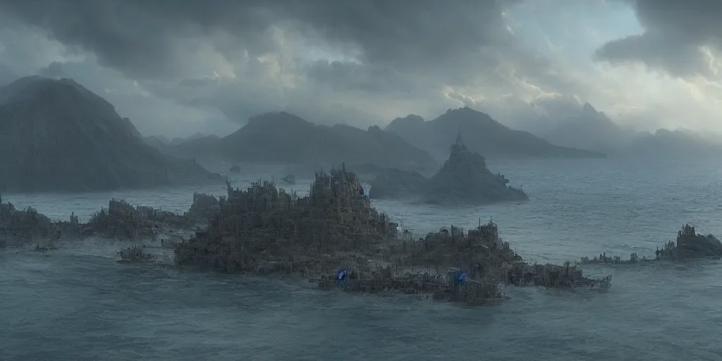 Prompt: screenshot from a movie, epic matte painting of an island, cinematic cinematography masterpiece, greg rutkowski, and ivan aivazovski, roger deakins, giger