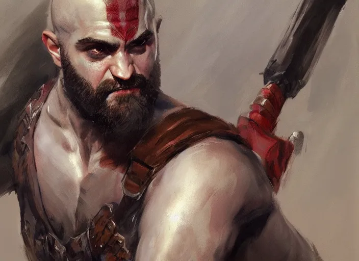 Prompt: a highly detailed beautiful portrait of robert pattison as kratos, by gregory manchess, james gurney, james jean