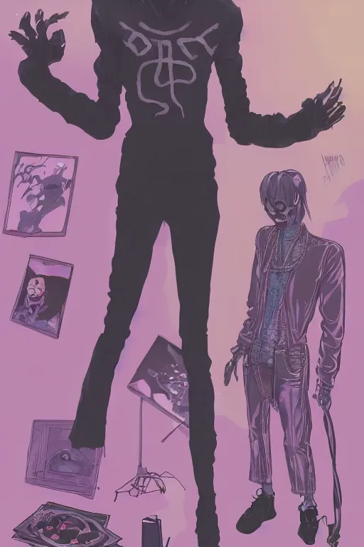 Image similar to a skinny goth guy wearing a face mask standing in a cluttered 9 0 s bedroom, full body character concept art, vaporwave colors, hirohiko araki art, inio asano art,