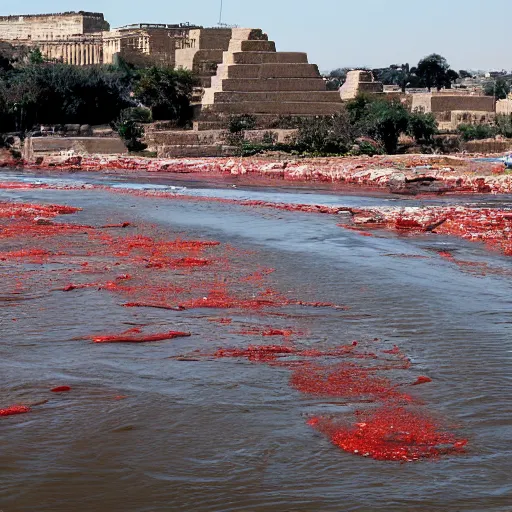 Prompt: an image of a flowing river full of blood and pyramids in the background