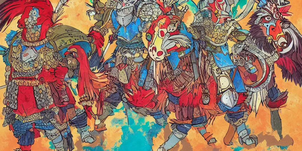 Prompt: colorful illustration of a bloodied pompous armoured warrior roosters, mix of styles, studio ghibli color scheme