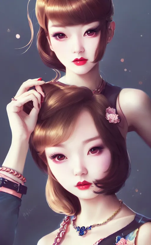 Image similar to a pin up and beautiful fashion charming dreamlke korea girl with lv jewelry, character art, art by artgerm lau and kyoung hwan kim and and ilya kuvshinov and john singer sargent, hyperdetailed, 8 k realistic, symmetrical, frostbite 3 engine, cryengine, dof, trending on artstation, digital art