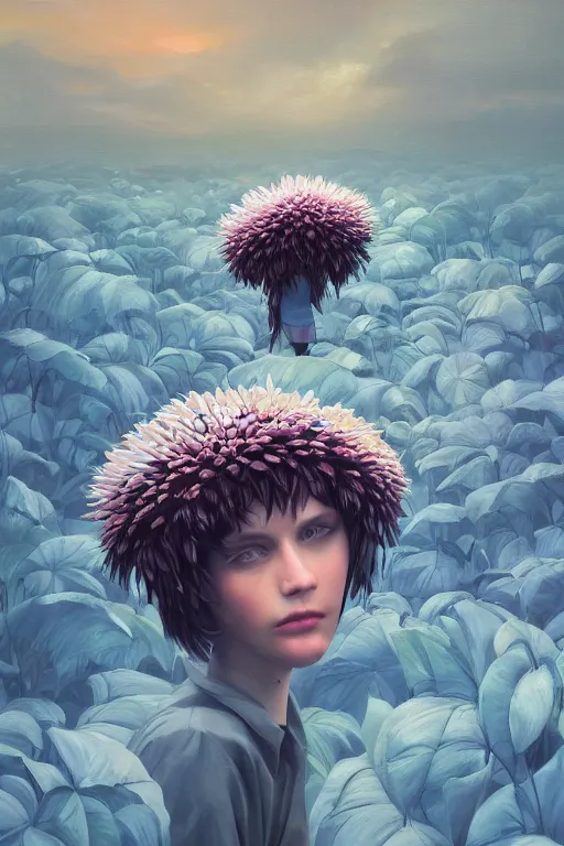 Prompt: closeup, a giant daisy flowers head, girl between monsteras, surreal photography, wind and cold, dramatic sky, impressionist painting, digital painting, artstation, simon stalenhag