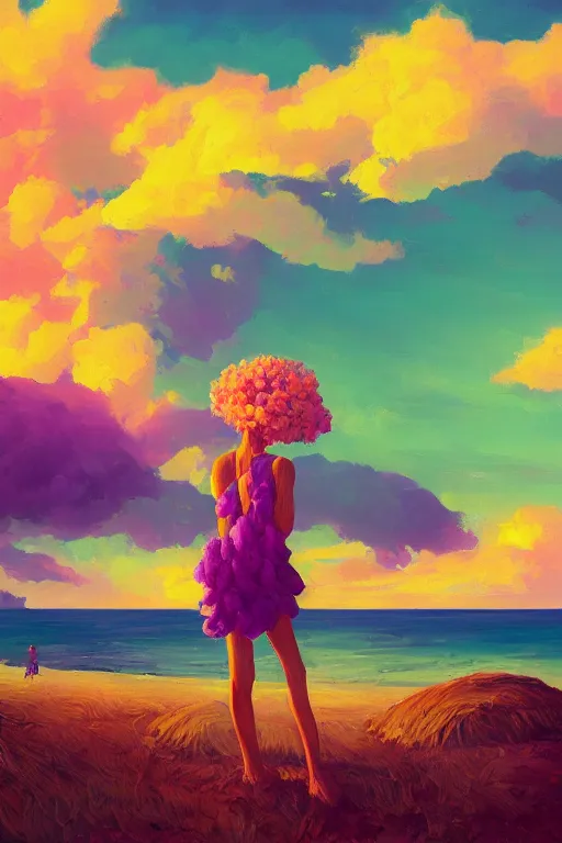 Prompt: closeup, giant lilac flower head, girl on beach, surreal photography, golden hour, colorful clouds, impressionist painting, digital painting, artstation, simon stalenhag