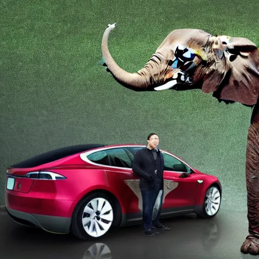 Image similar to elon musk as an elephant, rainforest, tesla, rain, thunder, trees, foliage