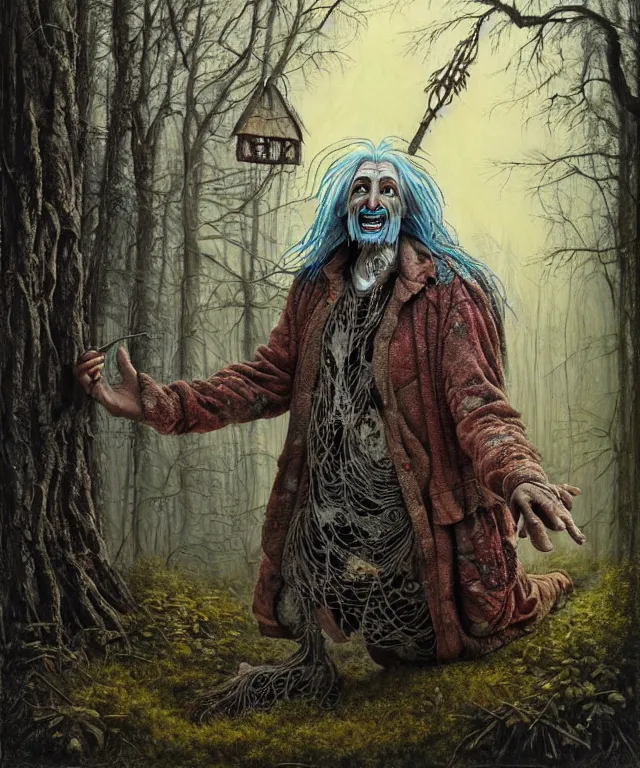 Image similar to hyperrealistic mixed media painting of a Male Baba Yaga in the woods staring at you creepily and smiling, stunning 3d render inspired art by P. Craig Russell and Barry Windsor-Smith + perfect facial symmetry + dim volumetric lighting, ornate gothic silver platemail, dizzy, full body, 8k octane beautifully detailed render, post-processing, extremely hyperdetailed, intricate, epic composition, grim yet sparkling atmosphere, cinematic lighting + masterpiece, trending on artstation, very very detailed, masterpiece, stunning