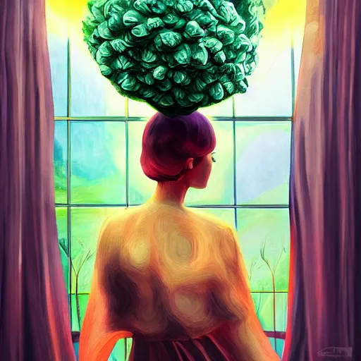 Prompt: giant flower under head, woman next to modern windows, luxury apartment, surreal photography, dramatic light, impressionist painting, digital painting, artstation, arthur adams