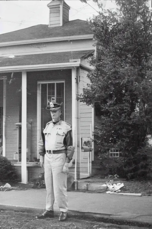 Prompt: a 5 0's police officer in front of the house, residential neighborhood