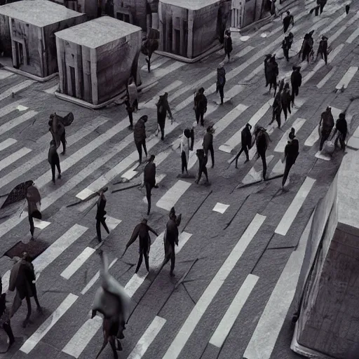 Image similar to hordes of drone-like people aimlessly walking around a depressing dystopian cityscape , trending on artststion, hyper realistic, surreal, melancholic, 8k, upscaled