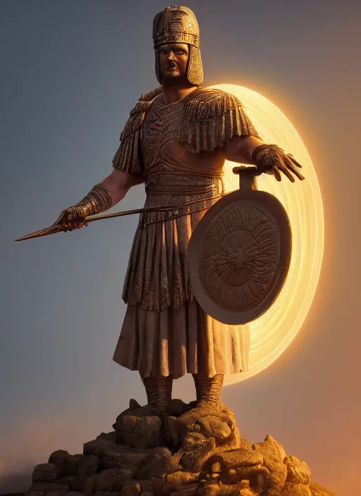 Prompt: statue of a roman centurion, in the style of tomasz alen kopera and fenghua zhong and peter mohrbacher, mystical colors, rim light, beautiful lighting, 8 k, stunning scene, raytracing, octane render, trending on artstation