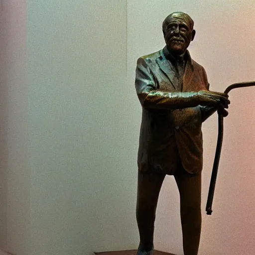 Image similar to patina bronze sculpture, old man with cane, in museum, soft light, kodak gold 2 0 0,