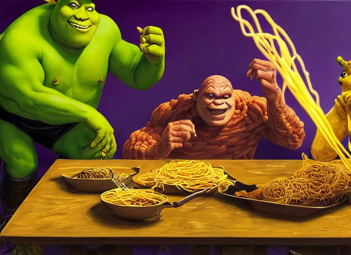 Image similar to painting of shrek and thanos eating spaghetti at dusk, in the style of michael whelan and james gurney and wayne barlowe