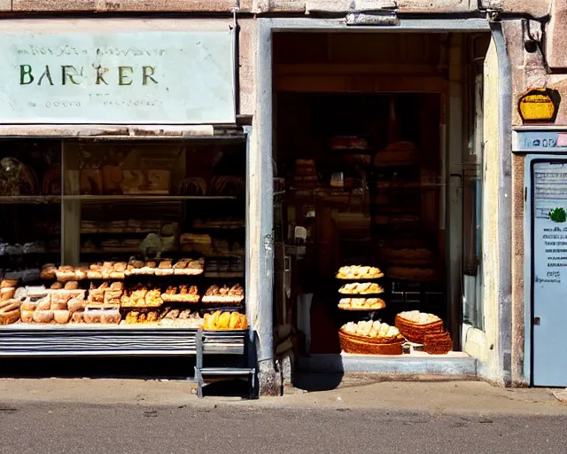 Prompt: bakery shop, dappled light