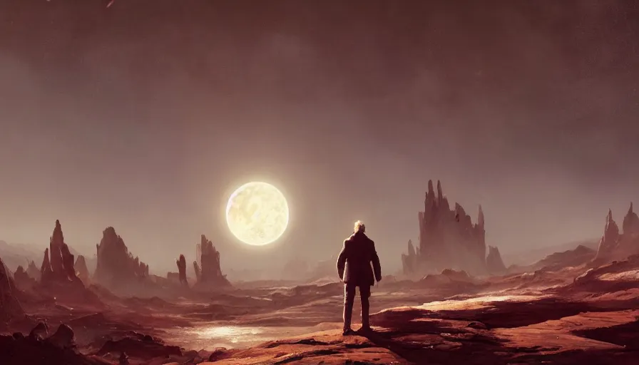 Image similar to a man standing in front of scenery of sci - fi apocalyptic moon end of the world, by caspar david friedrich by james gilleard and justin gerard, artstation, smooth, sharp focus, by jean baptiste, octane render