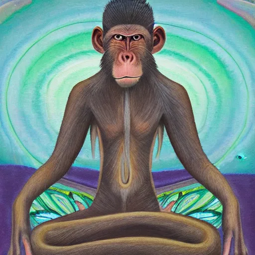 Image similar to an anthromorphic monkey man meditating in a zen garden, by amanda clark and amanda sage in a psychedelic style, oil on canvas