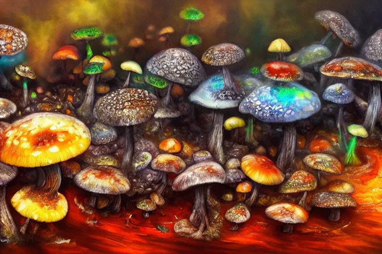 Image similar to highly detailed oil painting of a mushroom lizard in a steaming colorful hotspring, featured on artstation