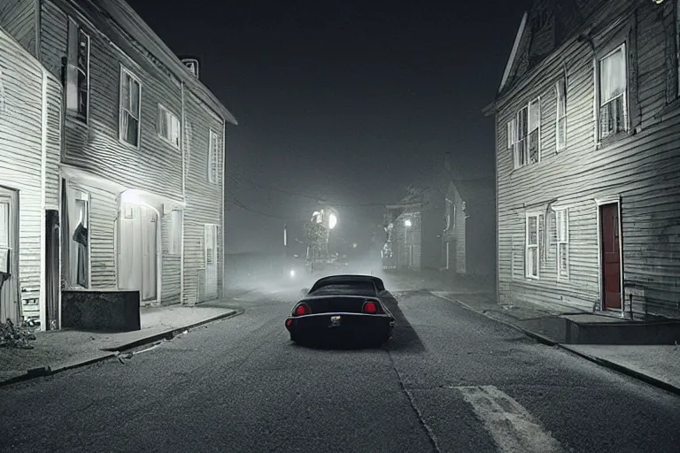 Image similar to an emty street with a car at night with only by one street light, photo by Gregory Crewdson,