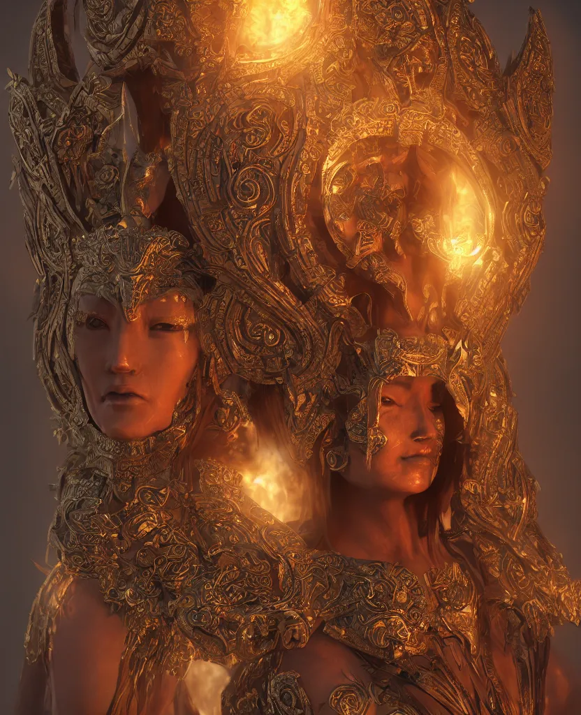 Image similar to ancient mongolian evil goddess portrait. burning magical halo. cinematic light. rendered in octane render. trending on artstation and cgsociety. depth of field. intricate ornaments