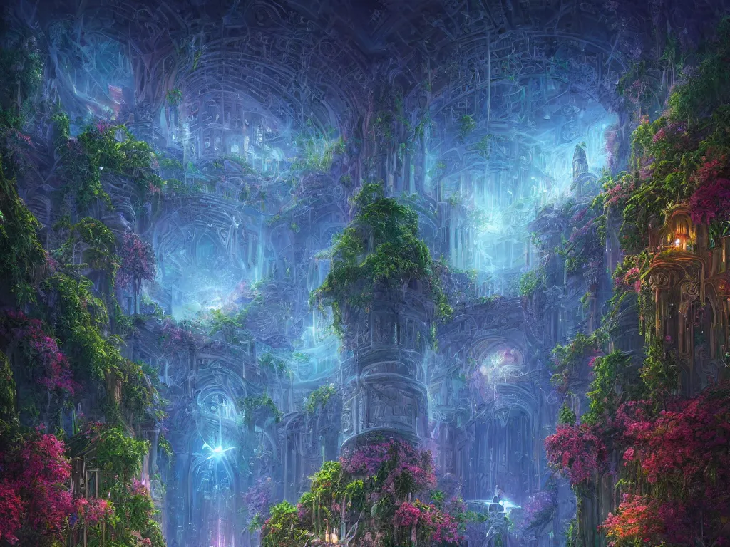 Image similar to beautiful highly detailed digital illustration of a celestial palatial garden with pillars of light towering above. by Andreas Rocha, colorful nebula in the night sky, stars, flowers and vines and creepers, establishing shot, cinematic, architecture, artstation HQ, HD, 8k resolution, featured in art magazine