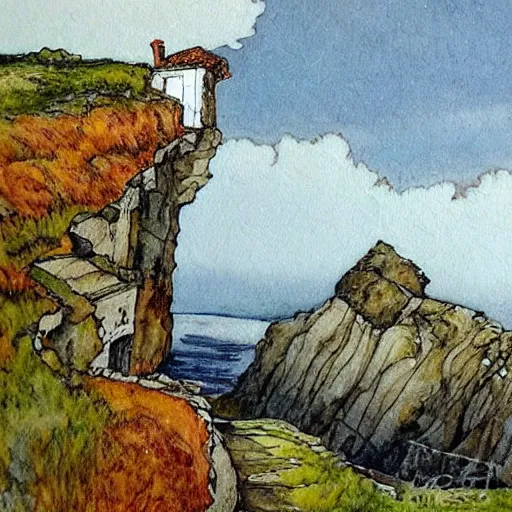 Prompt: Beautiful artwork chilling house in the edge of a cliff detailed painting by Anton pieck