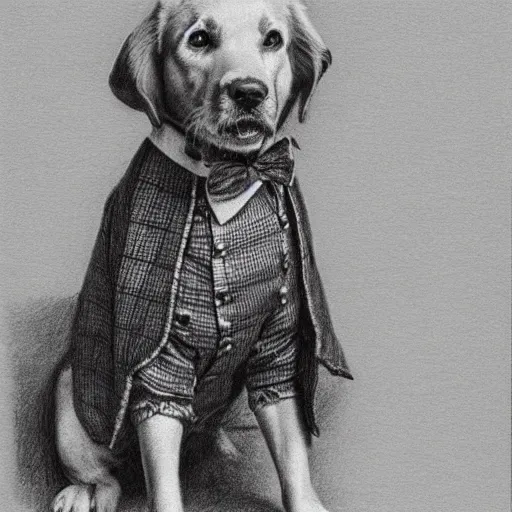 Prompt: golden retriever standing up, wearing a victorian dress, Pencil drawing, detailed, hyper-detailed, very realistic