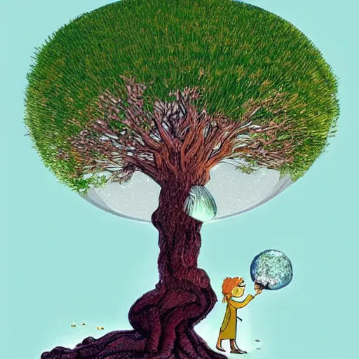Prompt: a large tree rooted in a crystal planet floating in space, by exupery, the little prince