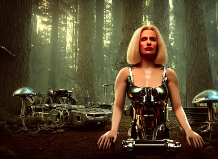 Image similar to photo of an intricate and sophisticated terminator woman with borg enhancements, blonde hair, metallic face plating with red lips, sitting on a giant mushroom in a weird magical mechanical forest and drinking a cup of tea. Very detailed 8k. Fantasy cyberpunk horror. Sharp. Unreal 5 render with nanite, global illumination and path tracing. Cinematic post-processing