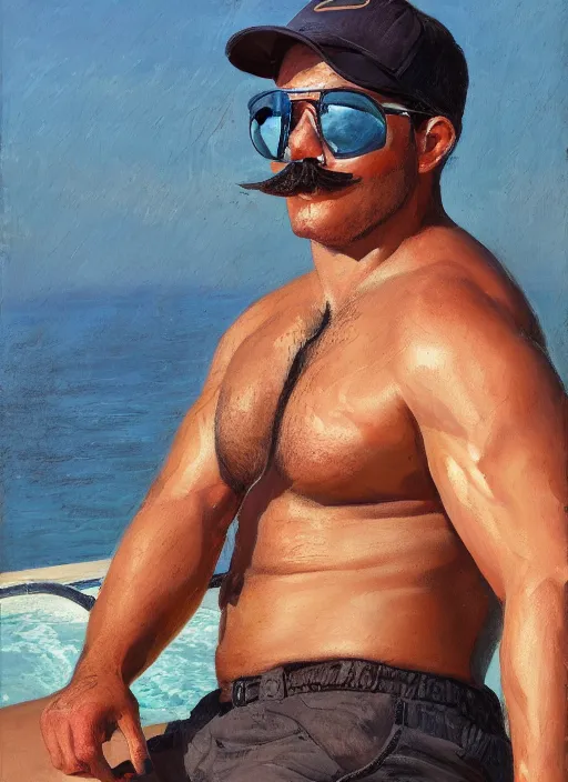 Prompt: painting of a bulky young man with toned muscles wearing aviator glasses and swim shorts and a baseball cap, with dense brown stubble and a thick moustache, sparse chest hair,by Jeremy Mann, stylized, detailed, realistic, warm tones, summer vibes, glistening skin, loose brush strokes