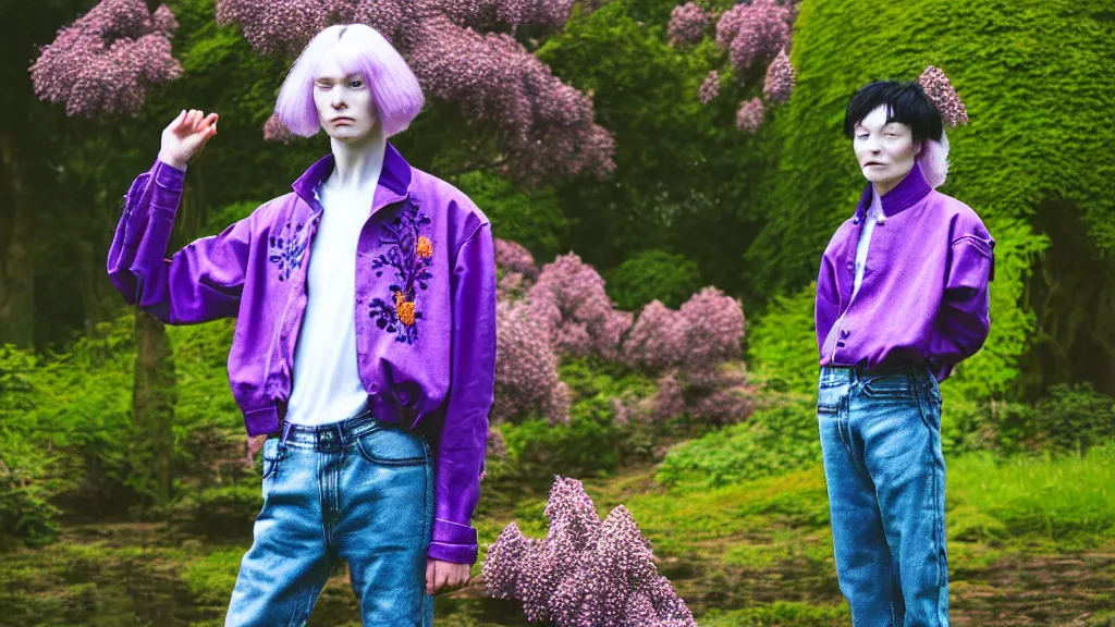 Image similar to portrait of a androgynous woman with lilac frizzy hair, wearing an embroidered jeans jackets, a high collar t - shirt and baggy jeans, in the style of rogier van der weyden and jacopo da pontormo, standing in a botanical garden, bjork aesthetic, masterpiece, cyberpunk, asian art