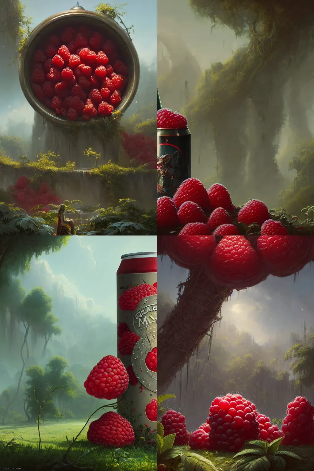 Prompt: a beautiful beer can surrounded by big oversized overgrown raspberries painted by tom bagshaw, raphael lacoste, eddie mendoza, alex ross concept art matte painting. detail. 4K. HQ.