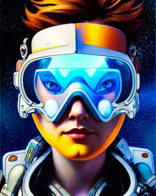 Prompt: tracer from overwatch, see through glass hologram mask, character portrait, portrait, close up, concept art, intricate details, highly detailed, vintage sci - fi poster, retro future, vintage sci - fi art, in the style of chris foss, rodger dean, moebius, michael whelan, and gustave dore