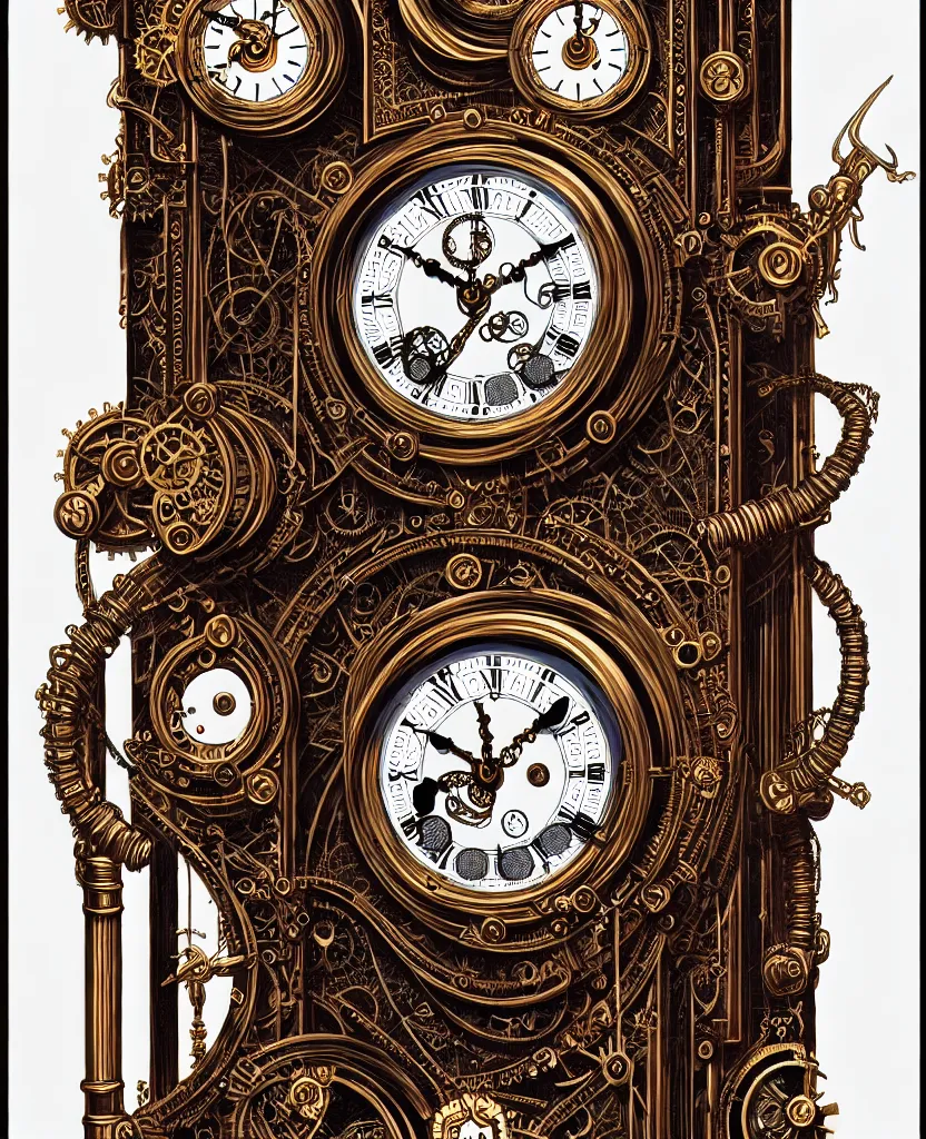 Image similar to ornate steampunk grandfather clock, high details, intricately detailed, by vincent di fate, inking, lineart, 3 color screen print, masterpiece, trending on artstation,, sharp, details, hyper - detailed, hd, 4 k, 8 k