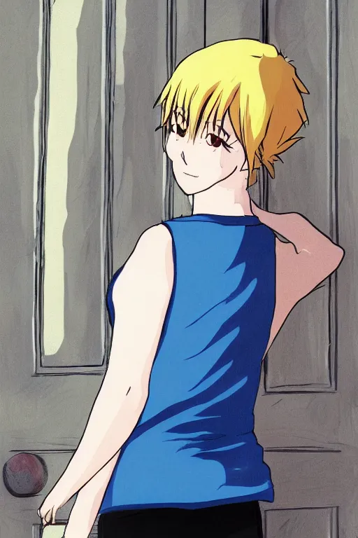 Image similar to anime style cel shaded portrait of a blonde woman, 40 years old, down left arm and back, wearing a vest top, white shorts and hiking boots, stood in sunshine in front of a door