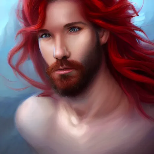 Image similar to portrait of a handsome male ship captain with long red hair!!!!!!, 30 years old, bashful, upper body, ethereal, muscular, friendly, playful, D&D, hairworks, Unreal 4, fantasy, elegant, highly detailed, digital painting, hairworks, deviantart, artstation, concept art, sharp focus, dramatic lighting, illustration, art by Artgerm and Greg Rutkowski and Alphonse Mucha