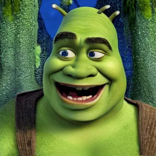 Prompt: Shrek is really angry and he's screaming. His swamp and shack house is burning down. Tears are coming out of his eyes.