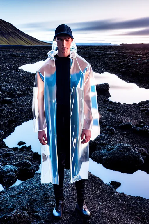 Image similar to an ultra high definition professional high fashion portrait studio full length photograph of a male model wearing a transparent pearlescent raincoat and neon visor in an icelandic black rock environment at dawn. no artefacts. extremely detailed. stark. refraction. shallow depth of field. volumetric light and shadow. ray tracing. light rays.