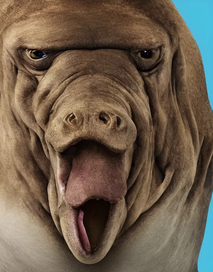 Prompt: closeup portrait of muscular animal human merged head dolphin, merged with monkey head, hippo face morphed, horse head animal merge, morphing dog head, merging crocodile head, anthropomorphic, creature, solid background