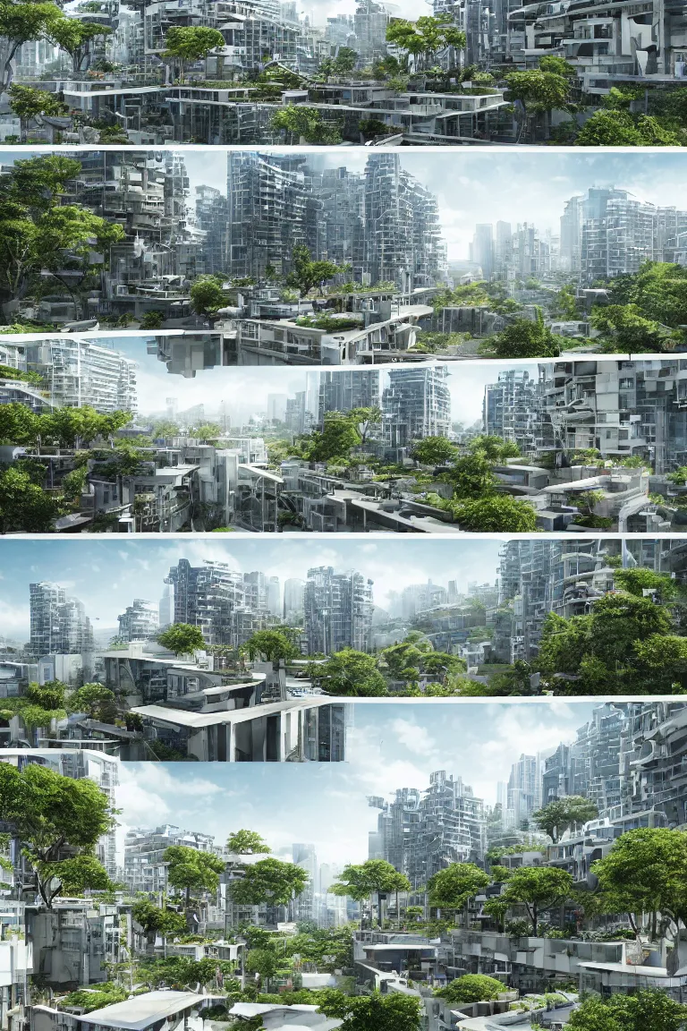 Image similar to 5 - panel comic page layout. crowd talking about sustainable futuristic building in a urban setting. ultrarealistic matte painting on white page. the building has many deep and tall balconies covered in plants and trees. thin random columns, large windows, deep overhangs. plants hang from balconies. greeble articulated details with plants. 8 k, uhd.