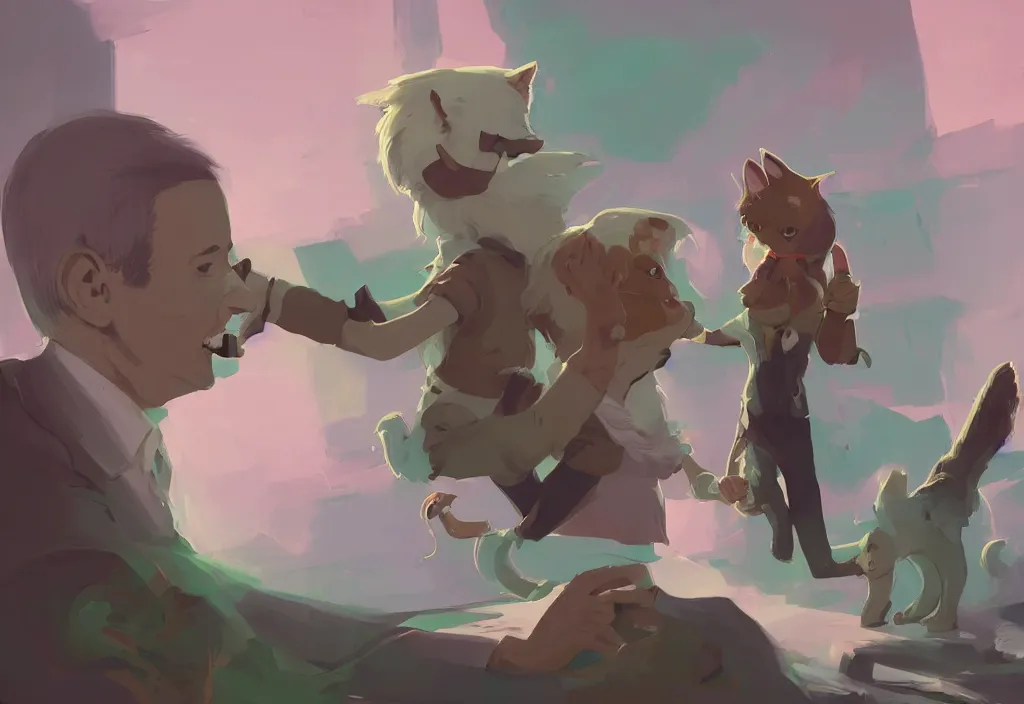 Image similar to portrait of joe biden shaking hand with a cute catgirl, epic debates, presidental elections candidates, cnn, fox news, fantasy, by atey ghailan, by greg rutkowski, by greg tocchini, by james gilleard, by joe gb fenton, dynamic lighting, gradient light green, brown, blonde cream, salad and white colors in scheme, grunge aesthetic