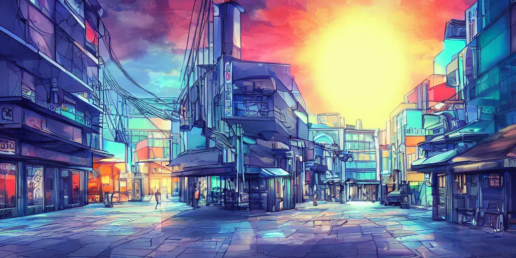 Image similar to a beautiful digital drawing of a sunset in a city, anime styled, digital painting