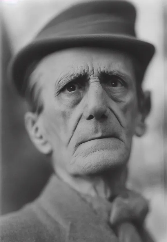 Image similar to a close - up casual photo of marcel duchamp with pensive eyes, 1 9 2 0 s monochrome snapshot, graflex 4 x 5, f 1. 8, 3 5 mm, ilford delta 3 2 0 0 pro