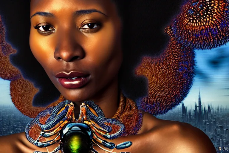 Image similar to realistic detailed closeup portrait movie shot of a beautiful black woman with a giant spider, dystopian city landscape background by denis villeneuve, amano, yves tanguy, alphonse mucha, max ernst, ernst haeckel, kehinde wiley, caravaggio, roger dean, cyber necklace, rich moody colours, sci fi patterns, wide angle