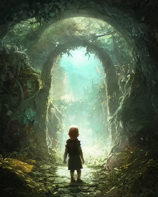 Image similar to a child looking at a dimensional portal in the hidden garden, scare, environment art, fantasy art, landscape art, in the style of greg rutkowski, illustration, epic, fantasy, intricate, hyper detailed, artstation, concept art, smooth, sharp focus, ray tracing