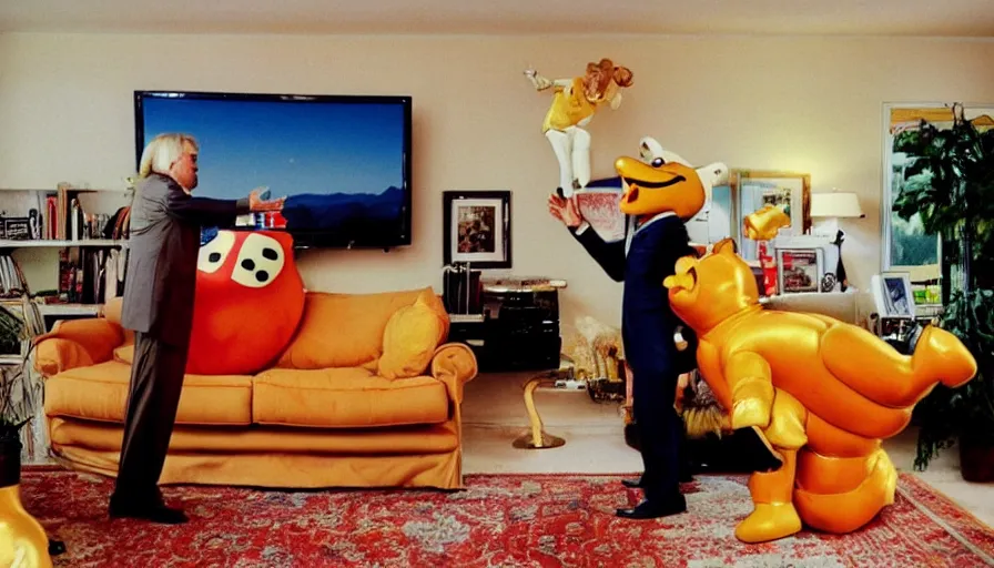 Image similar to 1990s candid 35mm photo of a beautiful day in the living room, cinematic lighting, cinematic look, golden hour, a very large, oversized magical salesman mascot is hanging out of the TV and trying to sell the family a car, salesman is a very large giant mascot, there is a sports car in the living room, portal energy is coming out of the TV, UHD