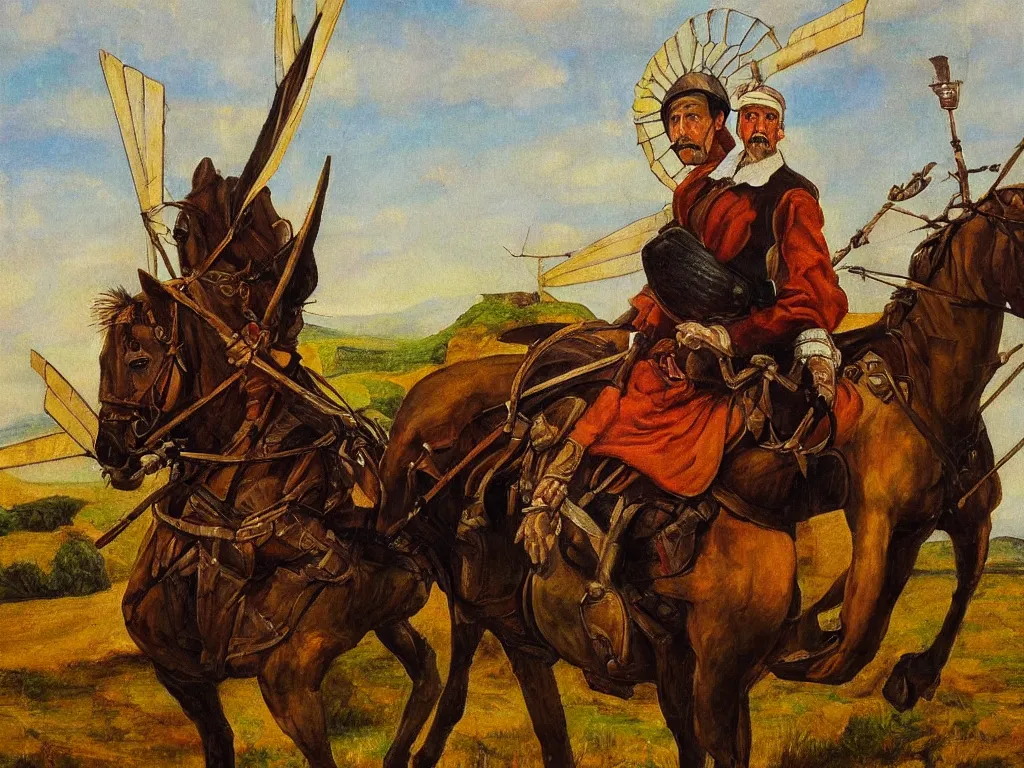 Image similar to portrait of a don quixote, windmill! on a background, realism, oil painting, highly detailed, pre - raphaelite style