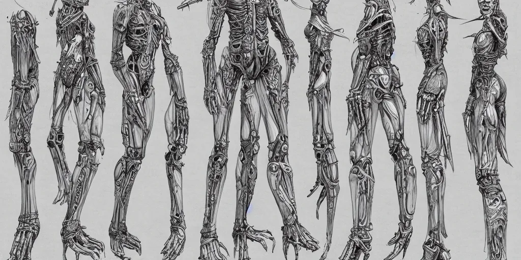 Prompt: highly detailed character sheet, technical drawing, side view, biomechanical human game protagonist designs, side - scrolling 2 d platformer, art by h. r. giger and jonathan wayshak