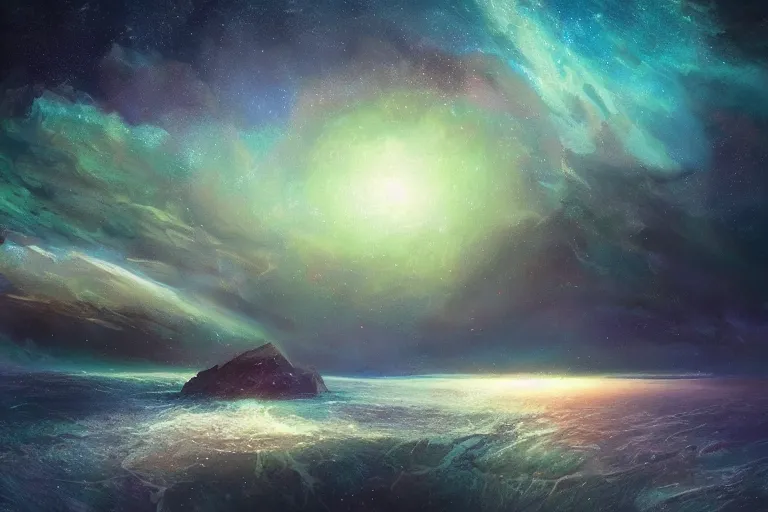 Image similar to the night sky is an upside down ocean, the stars are fish in the depths, the night sky is a sea, distant nebula are glowing algae fantasy painting by jessica rossier